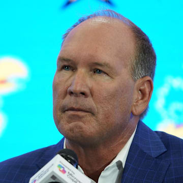 Jul 9, 2025; Frisco, TX, USA; Kansas head coach Lance Leipold speaks with the media during 2025 Big 12 Football Media Days at The Star. Mandatory Credit: Raymond Carlin III-Imagn Images