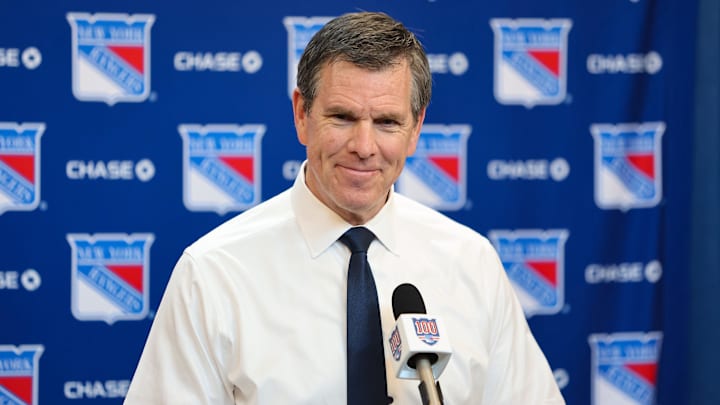 Apr 4, 2026; New York, New York, USA; New York Rangers head coach Mike Sullivan speaks to reporters after a 4-1 win against the Detroit Red Wings at Madison Square Garden. 