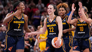 Indiana Fever forward Aliyah Boston (7) celebrates with Clark after recording a triple-double.