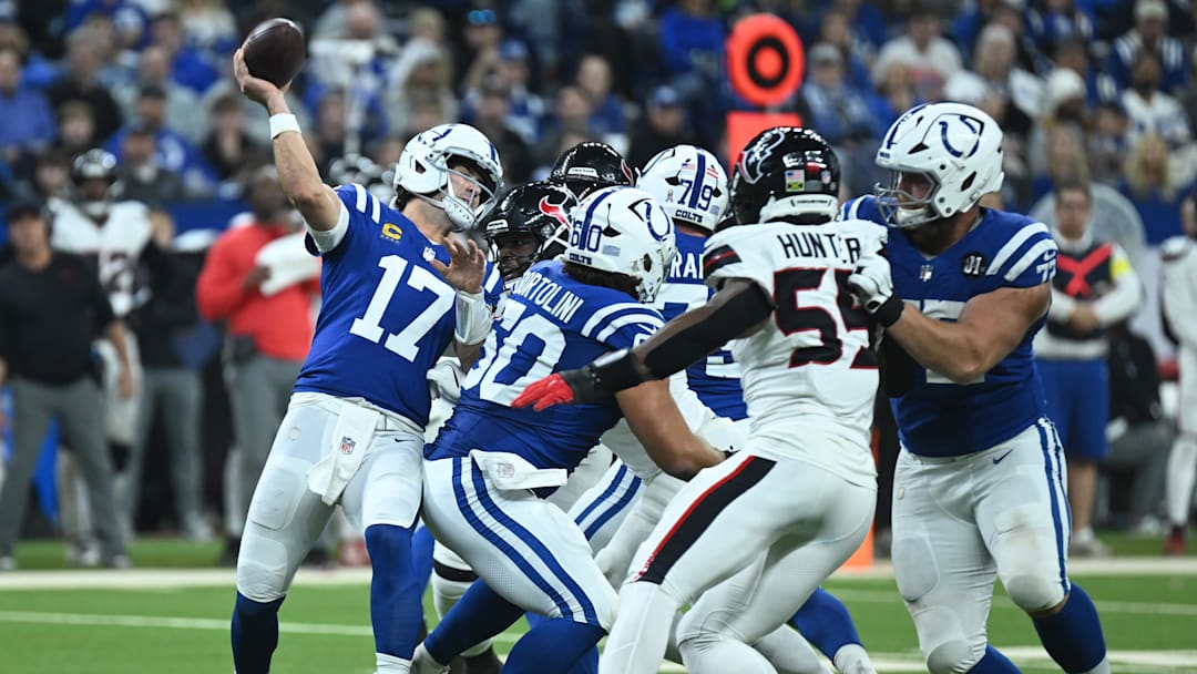Indianapolis Colts quarterback Daniel Jones (17) throws during the first half against the Houston Texans at Lucas Oil Stadium. Indianapolis Colts quarterback Daniel Jones (17) throws during the first half against the Houston Texans at Lucas Oil Stadium.