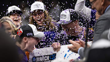 Mar 9, 2025; Kansas City, MO, USA; TCU Horned Frogs center Sedona Prince (13) and head coach Mark Campbell celebrate after defeating the Baylor Lady Bears at T-Mobile Center. Mandatory Credit: Amy Kontras-Imagn Images