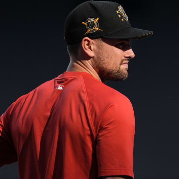 Jul 12, 2024; Milwaukee, Wisconsin, USA;  Washington Nationals right fielder Lane Thomas (28) looks on during batting practice prior to the game against the Milwaukee Brewers at American Family Field. Mandatory Credit: Jeff Hanisch-USA TODAY Sports