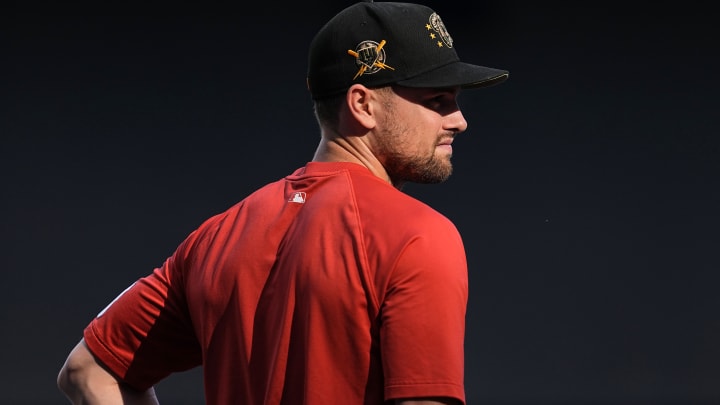 Jul 12, 2024; Milwaukee, Wisconsin, USA;  Washington Nationals right fielder Lane Thomas (28) looks on during batting practice prior to the game against the Milwaukee Brewers at American Family Field. Mandatory Credit: Jeff Hanisch-USA TODAY Sports