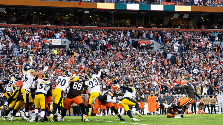 Nov 19, 2023; Cleveland, Ohio, USA; Cleveland Browns place kicker Dustin Hopkins (7) kicks a field goal against the Pittsburgh Steelers during the fourth quarter at Cleveland Browns Stadium. Mandatory Credit: Scott Galvin-USA TODAY Sports