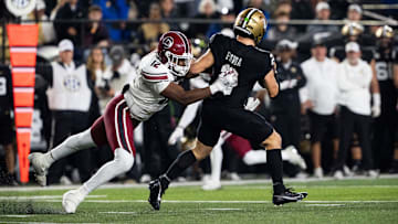 South Carolina Gamecocks edge Jatius Geer (12) goes to take down Vanderbilt Commodores quarterback Diego Pavia (2) during the second half of the game at FirstBank Stadium in Nashville, Tenn., Saturday, Nov. 9, 2024.