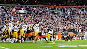 Nov 19, 2023; Cleveland, Ohio, USA; Cleveland Browns place kicker Dustin Hopkins (7) kicks a field goal against the Pittsburgh Steelers during the fourth quarter at Cleveland Browns Stadium. Mandatory Credit: Scott Galvin-Imagn Images