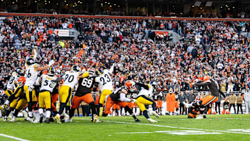 Nov 19, 2023; Cleveland, Ohio, USA; Cleveland Browns place kicker Dustin Hopkins (7) kicks a field goal against the Pittsburgh Steelers during the fourth quarter at Cleveland Browns Stadium. Mandatory Credit: Scott Galvin-Imagn Images