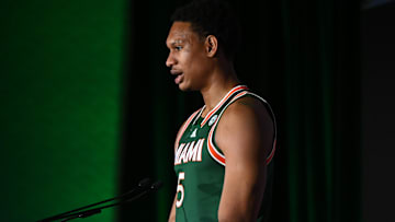 Oct 8, 2025; Charlotte, NC, USA; Miami player Malik Reneau answers questions from the media at The Hilton Charlotte Uptown. Mandatory Credit: William Howard-Imagn Images