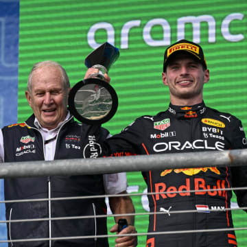 Oct 23, 2022; Austin, Texas, USA; Helmut Marko (left) and Red Bull Racing Limited driver Max Verstappen (right) of Team Netherlands celebrate winning the U.S. Grand Prix F1 race at Circuit of the Americas. Mandatory Credit: Jerome Miron-USA TODAY Sports