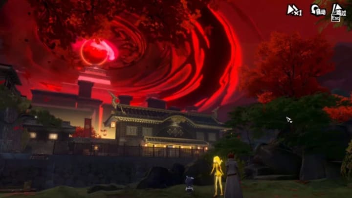 The Phantom Thieves standing in front of a large compound with a giant red orb on top lighting up the sky.