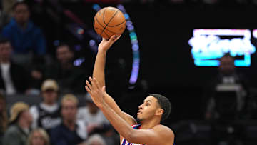 Nov 16, 2024; Sacramento, California, USA; Sacramento Kings forward Keegan Murray (13) shoots against the Utah Jazz during the third quarter at Golden 1 Center. Mandatory Credit: Darren Yamashita-Imagn Images