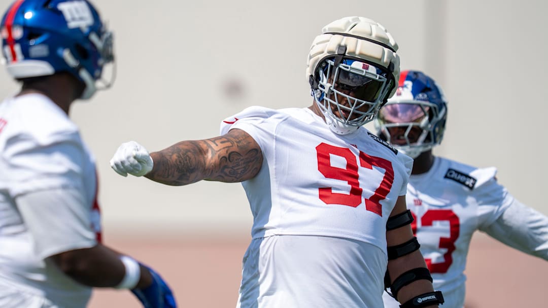 New York Giants defensive tackle Dexter Lawrence II (97) instructs his teammates in a drill during day one of the New York Giants training camp at Quest Diagnostics Giants Training Center in East Rutherford on Wednesday, July 23, 2025.