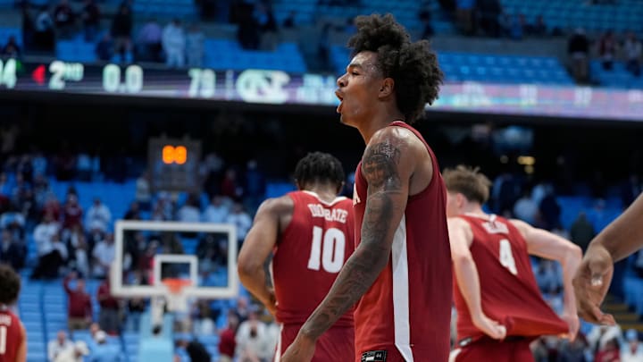 Dec 4, 2024; Chapel Hill, North Carolina, USA;  Alabama Crimson Tide guard Labaron Philon (0) reacts at the end of the game at Dean E. Smith Center. Mandatory Credit: Bob Donnan-Imagn Images