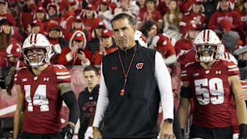 Nov 16, 2024; Madison, Wisconsin, USA;  Wisconsin Badgers head coach Luke Fickell during warmups prior to the game against the Oregon Ducks at Camp Randall Stadium. Mandatory Credit: Jeff Hanisch-Imagn Images