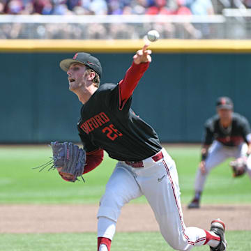 Jun 19, 2023; Omaha, NE, USA;  Stanford Cardinal starting pitcher Quinn Mathews (26) throws against the Tennessee Volunteers in the second inning at Charles Schwab Field Omaha. Mandatory Credit: Steven Branscombe-Imagn Images