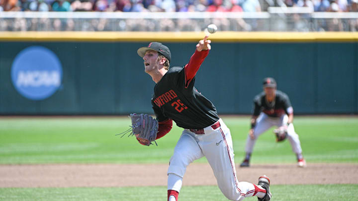 Jun 19, 2023; Omaha, NE, USA;  Stanford Cardinal starting pitcher Quinn Mathews (26) throws against the Tennessee Volunteers in the second inning at Charles Schwab Field Omaha. Mandatory Credit: Steven Branscombe-Imagn Images