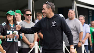 Aug 3, 2023; Philadelphia, PA, USA; Philadelphia Eagles general manager Howie Roseman greets fans during practice at Novacare Complex. Mandatory Credit: Bill Streicher-Imagn Images