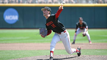 Jun 19, 2023; Omaha, NE, USA;  Stanford Cardinal starting pitcher Quinn Mathews (26) throws against the Tennessee Volunteers in the second inning at Charles Schwab Field Omaha. Mandatory Credit: Steven Branscombe-USA TODAY Sports