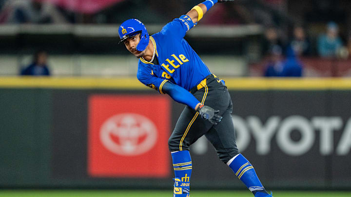 Seattle Mariners center fielder Julio Rodriguez celebrates after hitting a double during a game against the Texas Rangers on Friday at T-Mobile Park.