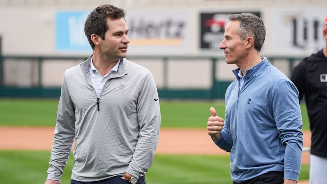 Detroit Tigers president of baseball operation Scott Harris talks to team owner Chris Ilitch during spring training at Joker Marchant Stadium in Lakeland, Fla. on Thursday, Feb. 20, 2025.
