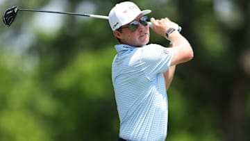 Ben Griffin tees off during the final round of the 2025 Charles Schwab Challenge at Colonial Country Club