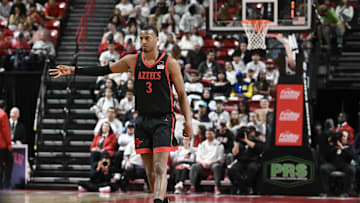 Mar 5, 2024; Las Vegas, Nevada, USA; San Diego State Aztecs guard Micah Parrish (3) celebrates