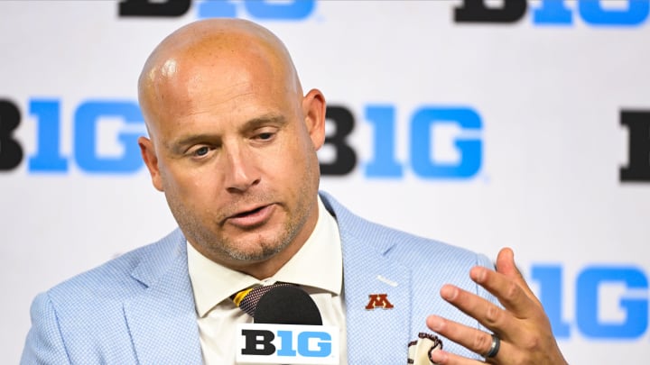 Jul 25, 2024; Indianapolis, IN, USA; Minnesota Golden Gophers head coach P.J. Fleck speaks to the media during the Big 10 football media day at Lucas Oil Stadium. Mandatory Credit: Robert Goddin-USA TODAY Sports