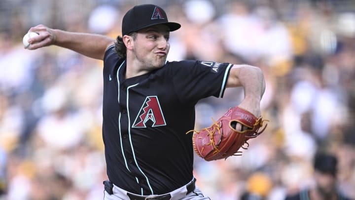 Jul 6, 2024; San Diego, California, USA; Arizona Diamondbacks starting pitcher Brandon Pfaadt (32) pitches against the San Diego Padres during the first inning at Petco Park. Mandatory Credit: Orlando Ramirez-USA TODAY Sports