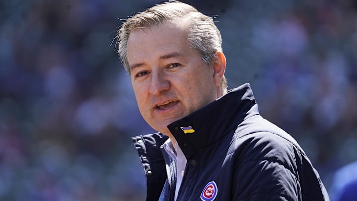 Apr 2, 2023; Chicago, Illinois, USA; Cubs owner Tom Ricketts on the field before the game between the Chicago Cubs and the Milwaukee Brewers at Wrigley Field.