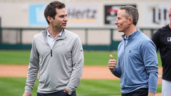 Detroit Tigers president of baseball operation Scott Harris talks to team owner Chris Ilitch during spring training at Joker Marchant Stadium in Lakeland, Fla. on Thursday, Feb. 20, 2025.