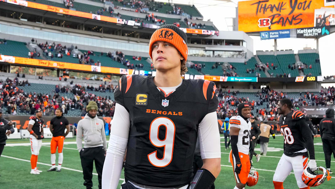 Cincinnati Bengals quarterback Joe Burrow (9) looks for hands to shake after the fourth quarter of the NFL Week 18 game between the Cincinnati Bengals and the Cleveland Browns at Paycor Stadium in Downtown Cincinnati on Sunday, Jan. 4, 2026. The Browns kicked a last second field goal to win 20-18. Cincinnati Bengals quarterback Joe Burrow (9) looks for hands to shake after the fourth quarter of the NFL Week 18 game between the Cincinnati Bengals and the Cleveland Browns at Paycor Stadium in Downtown Cincinnati on Sunday, Jan. 4, 2026. The Browns kicked a last second field goal to win 20-18.