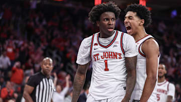 Nov 17, 2024; New York, New York, USA;  St. John's basketball guards Kadary Richmond (1) and RJ Luis Jr. (12) celebrate in the second half against the New Mexico Lobos at Madison Square Garden.
