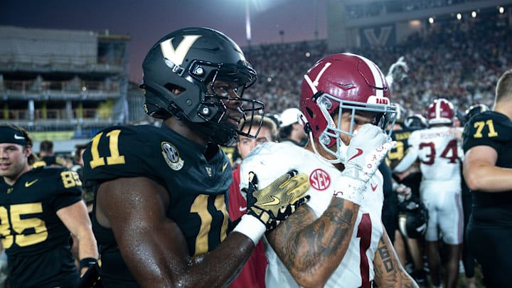 DUPLICATE***Vanderbilt Commodores wide receiver Loic Fouonji (11) talks with Alabama Crimson Tide defensive back Domani Jackson (1) after knocking off the Alabama Crimson Tide 40-35 at Vanderbilt Stadium in Nashville, Tenn., Saturday, Oct. 5, 2024.
