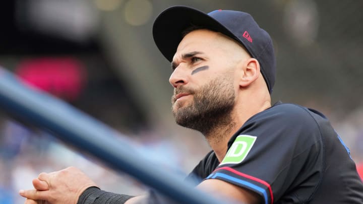 Jun 3, 2024; Toronto, Ontario, CAN; Toronto Blue Jays center fielder Kevin Kiermaier (39) looks out from the dugout prior to the start of a game against the Baltimore Orioles at Rogers Centre. Mandatory Credit: Nick Turchiaro-USA TODAY Sports