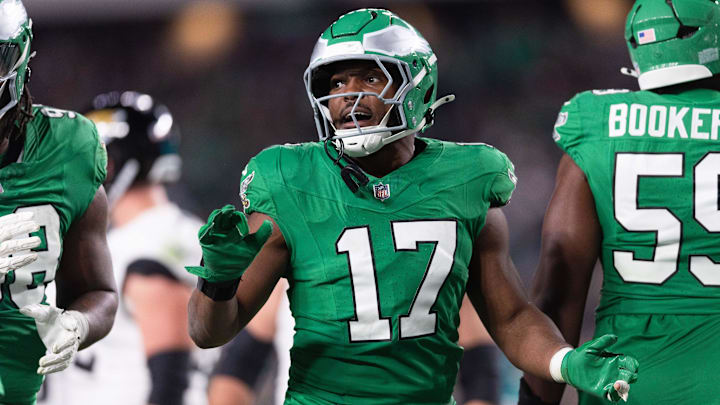 Nov 3, 2024; Philadelphia, Pennsylvania, USA; Philadelphia Eagles linebacker Nakobe Dean (17) in a game against the Jacksonville Jaguars during the third quarter at Lincoln Financial Field. Mandatory Credit: Bill Streicher-Imagn Images