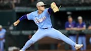 May 18, 2025; Arlington, Texas, USA; Texas Rangers pitcher Jack Leiter (35) throws a pitch during the first inning against the Houston Astros at Globe Life Field. 