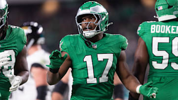Nov 3, 2024; Philadelphia, Pennsylvania, USA; Philadelphia Eagles linebacker Nakobe Dean (17) in a game against the Jacksonville Jaguars during the third quarter at Lincoln Financial Field. Mandatory Credit: Bill Streicher-Imagn Images
