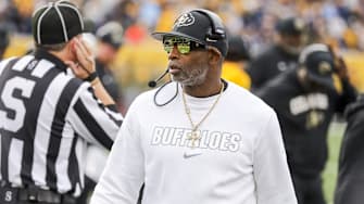 Nov 8, 2025; Morgantown, West Virginia, USA; Colorado Buffaloes head coach Deion Sanders walks along the sidelines late in the fourth quarter against the West Virginia Mountaineers at Milan Puskar Stadium. Mandatory Credit: Ben Queen-Imagn Images