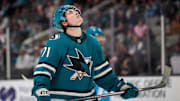 Mar 8, 2025; San Jose, California, USA; San Jose Sharks center Macklin Celebrini (71) reacts after a shot missed the net against the New York Islanders during the third period at SAP Center at San Jose. Mandatory Credit: Robert Edwards-Imagn Images