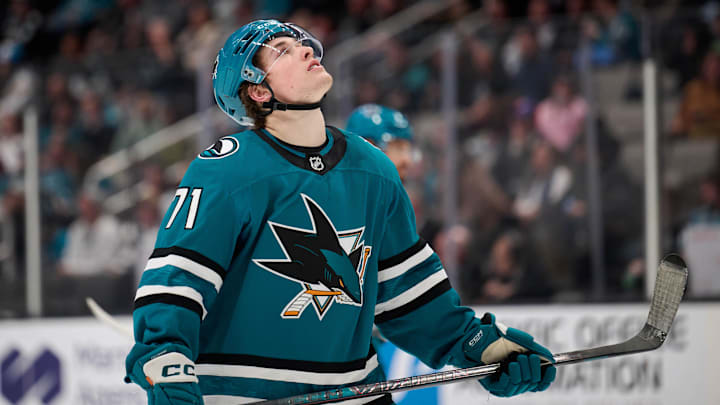 Mar 8, 2025; San Jose, California, USA; San Jose Sharks center Macklin Celebrini (71) reacts after a shot missed the net against the New York Islanders during the third period at SAP Center at San Jose. Mandatory Credit: Robert Edwards-Imagn Images
