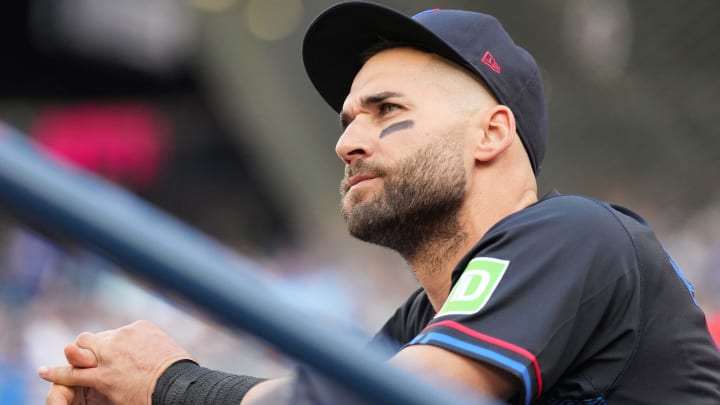 Jun 3, 2024; Toronto, Ontario, CAN; Toronto Blue Jays center fielder Kevin Kiermaier (39) looks out from the dugout prior to the start of a game against the Baltimore Orioles at Rogers Centre. Mandatory Credit: Nick Turchiaro-USA TODAY Sports