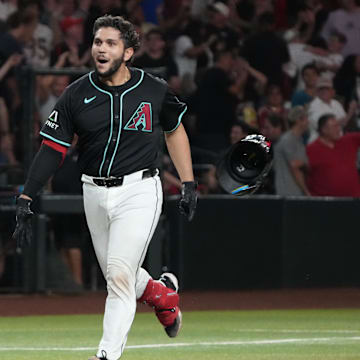 Aug 9, 2024; Phoenix, Arizona, USA; Arizona Diamondbacks catcher Adrian Del Castillo (25) reacts after hitting a walk off solo home run against the Philadelphia Phillies in the ninth inning at Chase Field. Mandatory Credit: Rick Scuteri-Imagn Images