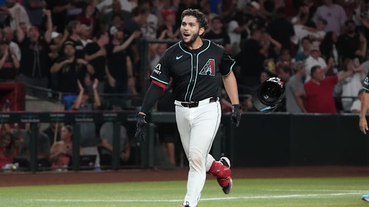 Aug 9, 2024; Phoenix, Arizona, USA; Arizona Diamondbacks catcher Adrian Del Castillo (25) reacts after hitting a walk off solo home run against the Philadelphia Phillies in the ninth inning at Chase Field. Mandatory Credit: Rick Scuteri-Imagn Images