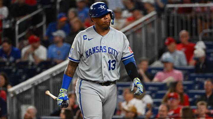 Jun 15, 2026; Washington, District of Columbia, USA; Kansas City Royals first baseman Salvador Perez (13) reacts after striking out against the Washington Nationals during the eighth inning at Nationals Park. Mandatory Credit: Brad Mills-Imagn Images