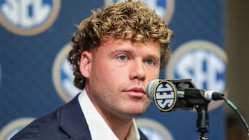 Jul 16, 2025; Atlanta, GA, USA; Mississippi State Bulldogs quarterback Blake Shapen answers questions from the media during the SEC Media Days at Omni Atlanta Hotel. Mandatory Credit: Jordan Godfree-Imagn Images