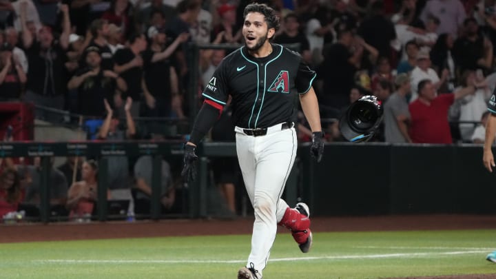 Aug 9, 2024; Phoenix, Arizona, USA; Arizona Diamondbacks catcher Adrian Del Castillo (25) reacts after hitting a walk off solo home run against the Philadelphia Phillies in the ninth inning at Chase Field. Mandatory Credit: Rick Scuteri-USA TODAY Sports