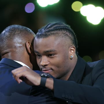 Jun 26, 2024; Brooklyn, NY, USA; Isaiah Collier reacts after being selected in the first round by the Utah Jazz in the 2024 NBA Draft at Barclays Center. Mandatory Credit: Brad Penner-USA TODAY Sports