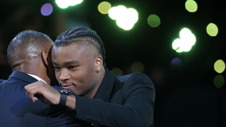 Jun 26, 2024; Brooklyn, NY, USA; Isaiah Collier reacts after being selected in the first round by the Utah Jazz in the 2024 NBA Draft at Barclays Center. Mandatory Credit: Brad Penner-USA TODAY Sports