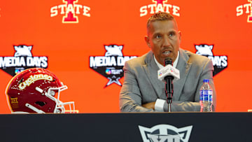 Jul 8, 2025; Frisco, TX, USA; Iowa State head coach Matt Campbell addresses the media during 2025 Big 12 Football Media Days at The Star. Mandatory Credit: Raymond Carlin III-Imagn Images