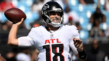 Sep 21, 2025; Charlotte, North Carolina, USA;  Atlanta Falcons quarterback Kirk Cousins (18) looks to pass in the fourth quarter at Bank of America Stadium. Mandatory Credit: Bob Donnan-Imagn Images